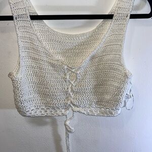 White Crochet Sleeveless Cropped Tie Front Tank Top